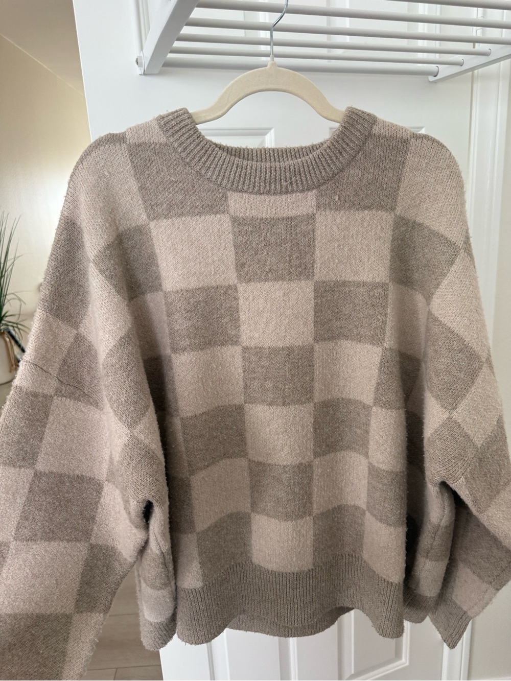 OAK + FORT Taupe and Light Beige Checkered Crewneck Sweater Women’s MEDIUM